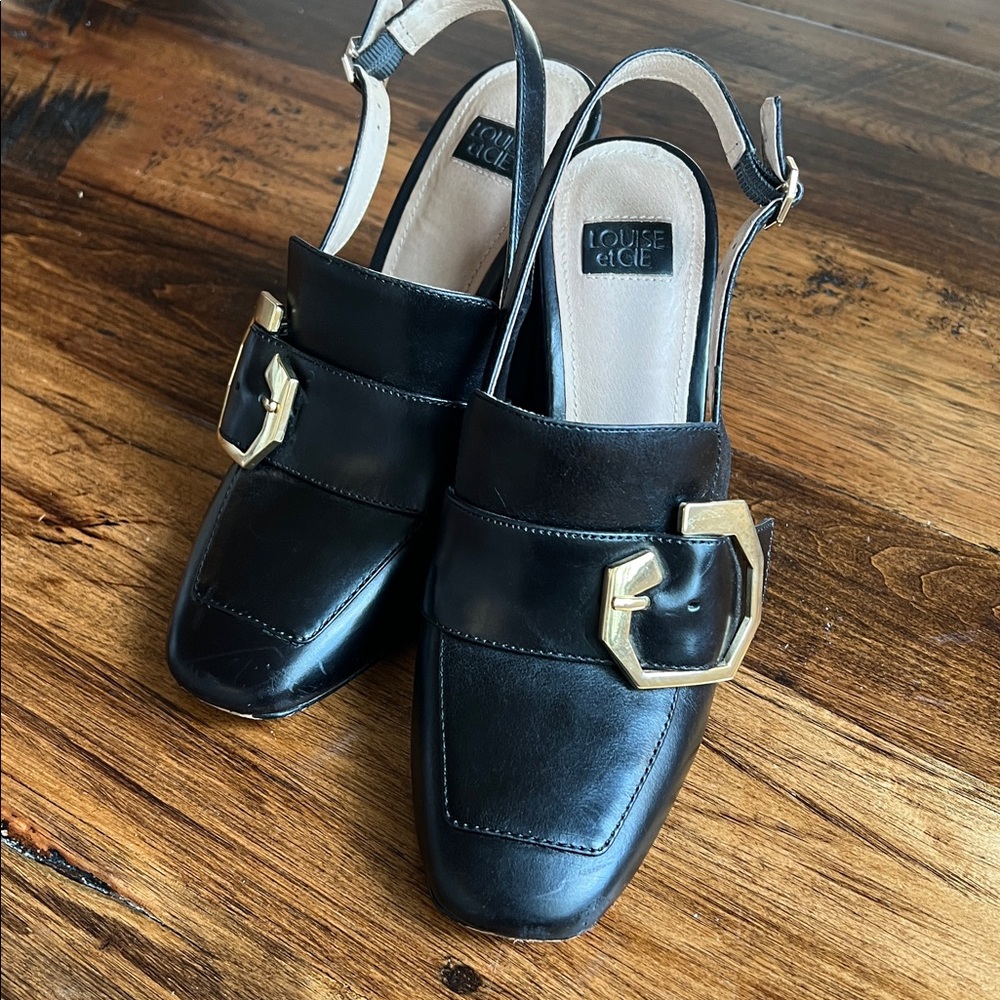 Louise eat CIE Black Leather Sling Back Loafer Pumps Block Heel Sz 7 - Picture 3 of 14